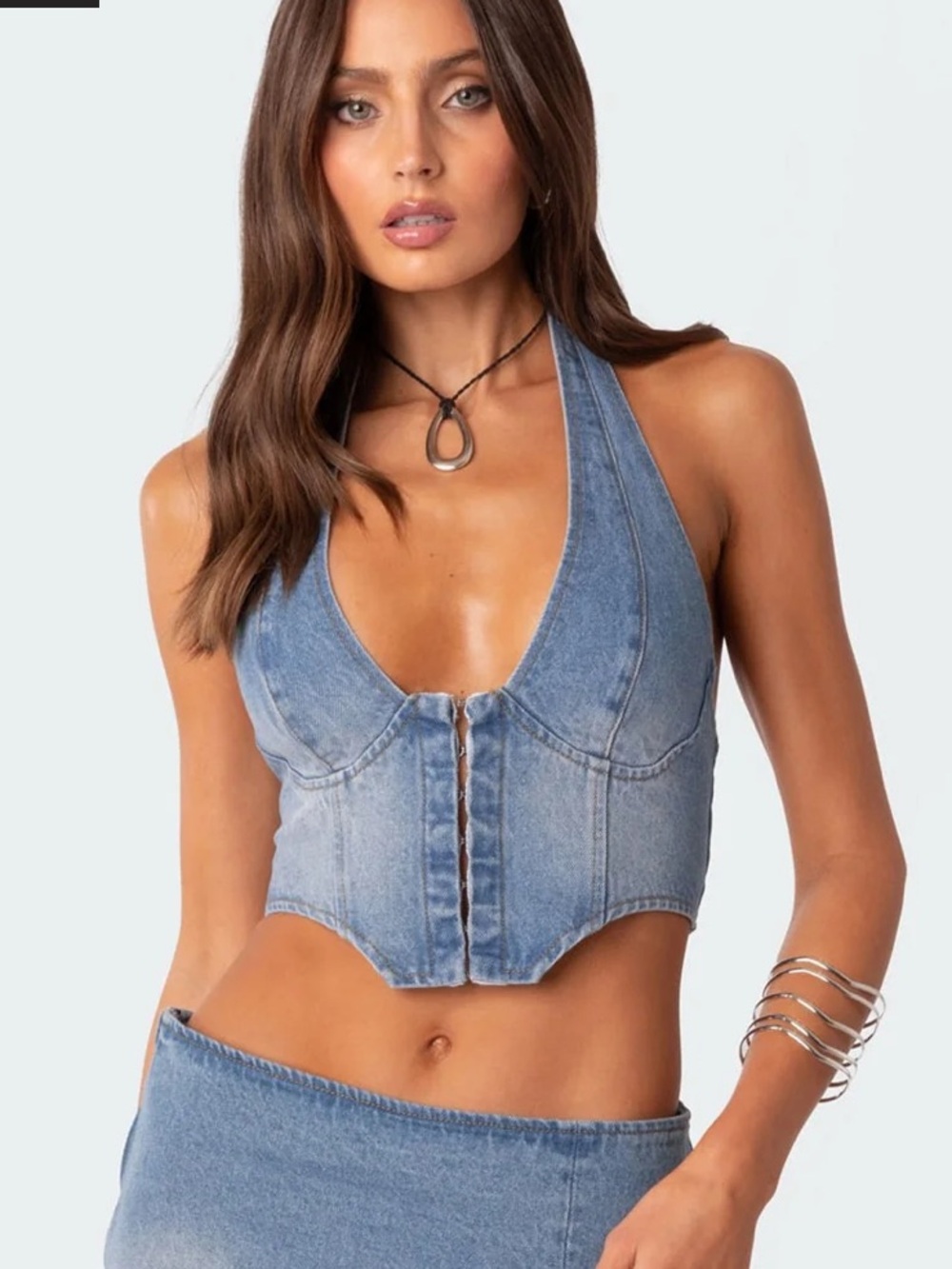 Edikted Light Blue Denim Mini Skirt with Side Slit